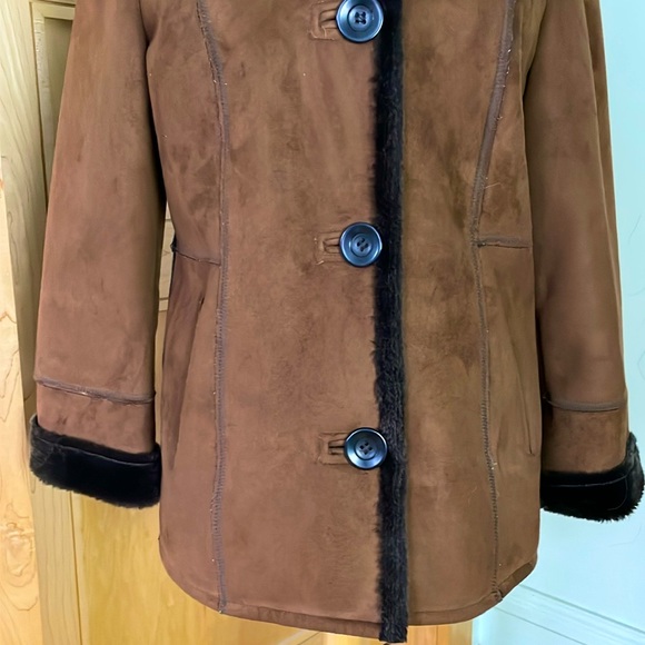 Vintage Tower by London Fog Brown Faux Suede Faux Fur Hooded Coat, Size S - Picture 3 of 16
